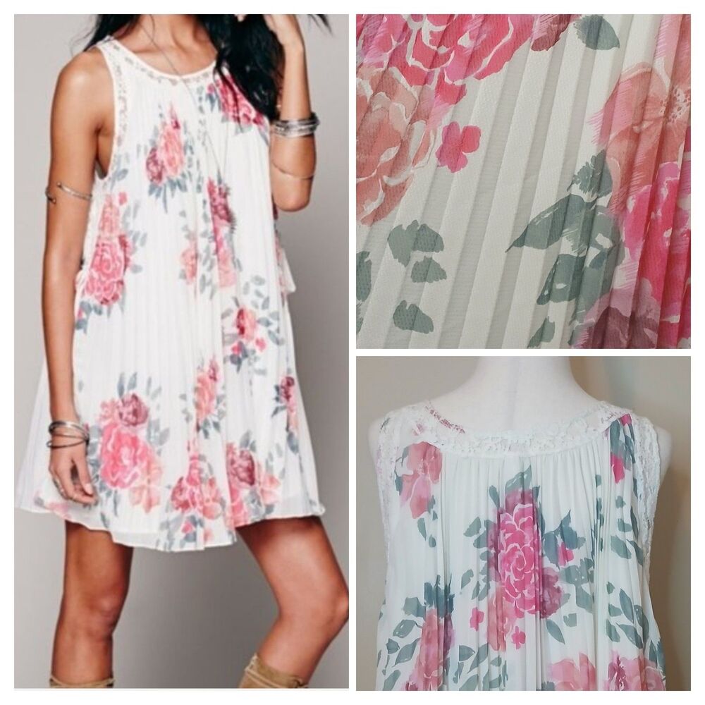 Free People Dress Sz M Pleated Floral Print Swing Babydoll Style Lace Trim Lined
